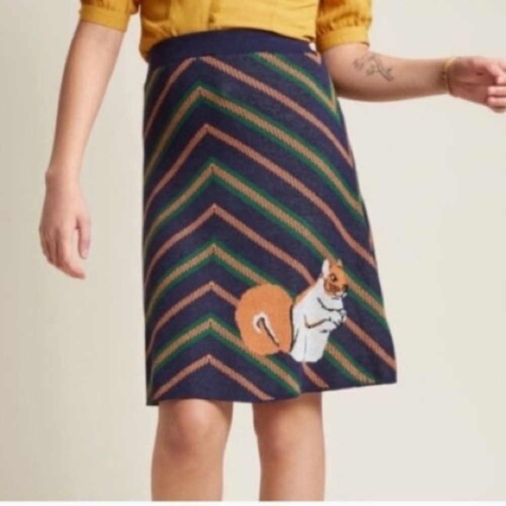 Modcloth Navy Chevron Knit Skirt with Squirrel Motif